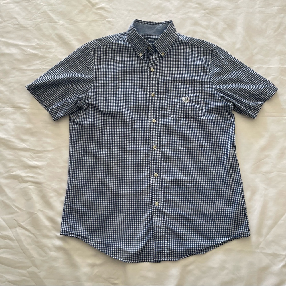 Chaps Men’s Vintage Blue and White Checkered Button-down Collared Short Sleeve S